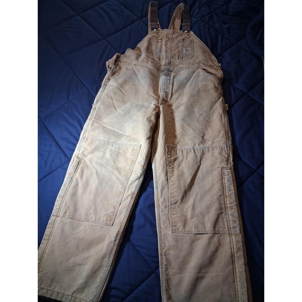 Carhartt R02 BRN Duck Bib Overalls Mens 40x30 Quilt Lined Double Knee Brown